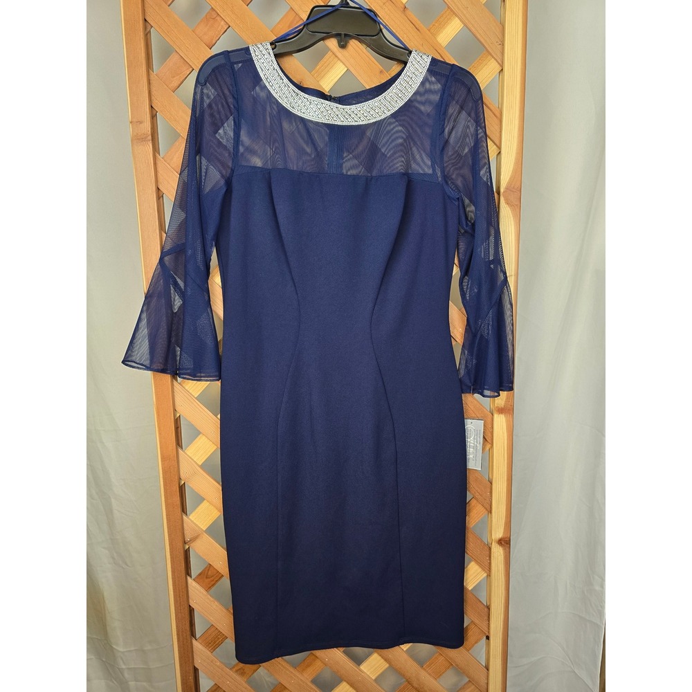 Alex Evenings Cocktail Dress Womens 10 Navy Embellished Mesh Sleeve - NEW